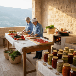 Traditional Lebanese kitchen with LaLynn mouneh preparation and authentic preservation methods