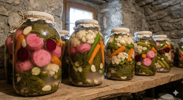 Vinegar-based food preservation without refrigeration Lebanese pickled turnips jars