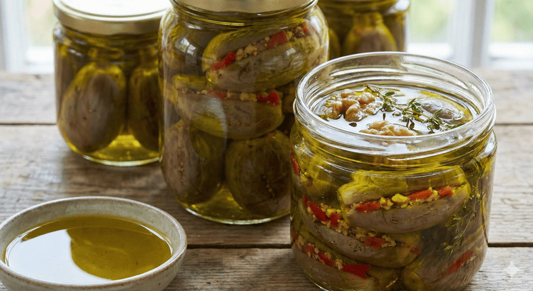Lebanese makdous food preservation without refrigeration using olive oil covering